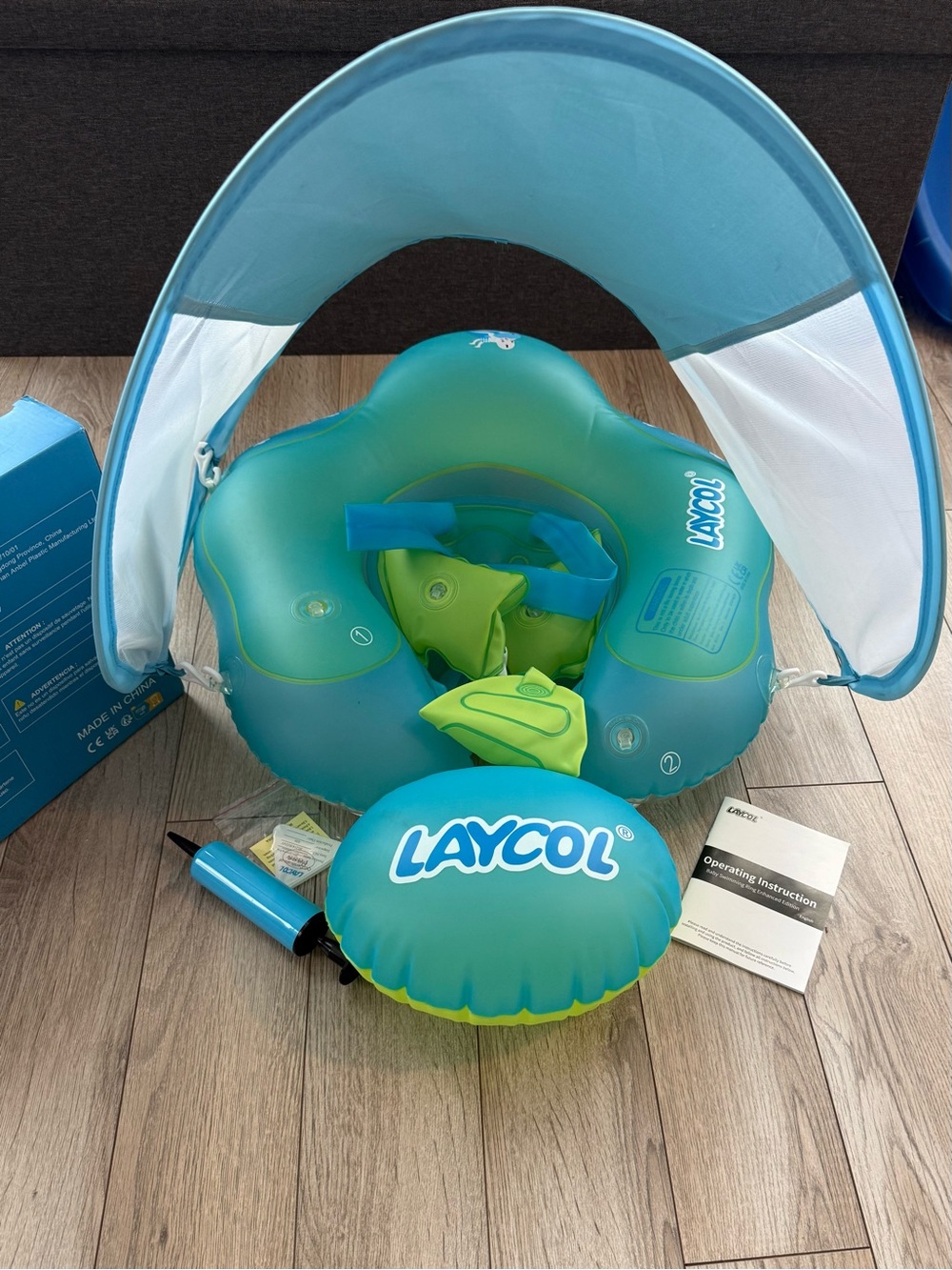 LAYCOL Inflatable Baby Float with Sun Canopy - Turquoise & Lime